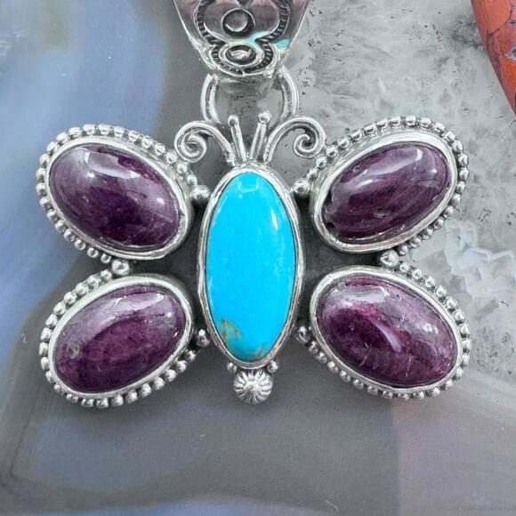 Native American Sterling Turquoise & Spiny Oyster Butterfly Pendant For Women - Picture 6 of 10